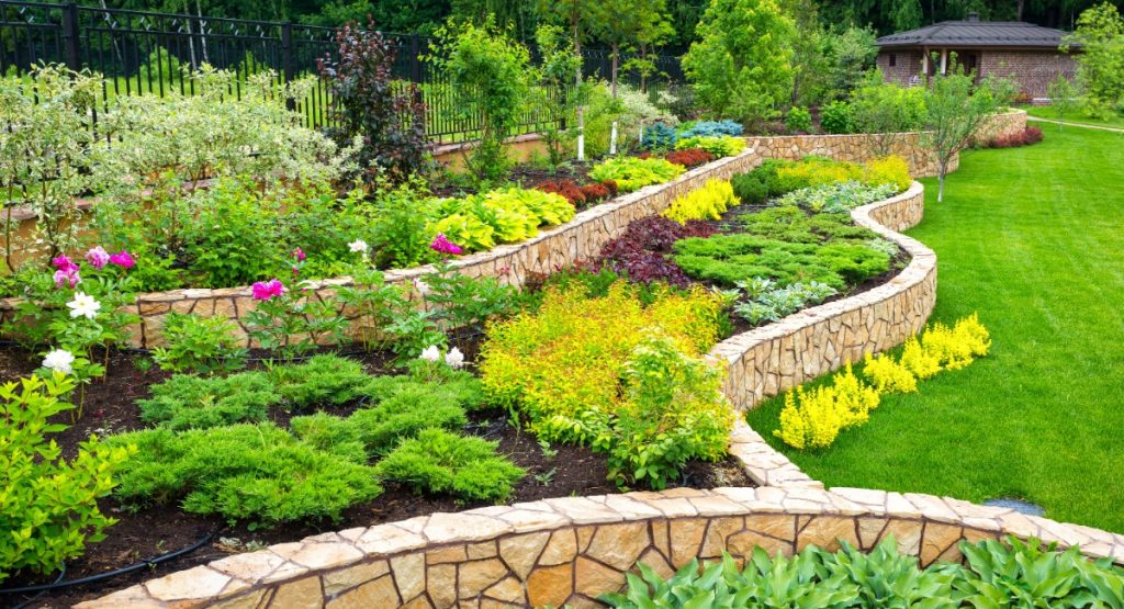 Landscaping panorama of home garden.